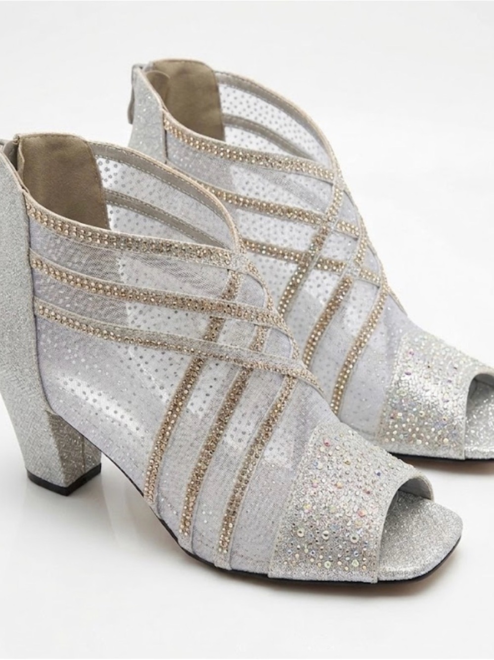Women’s 9 Silver Mesh Wedding Open Peep-Toe Block Heel Sandals Prom Rhinestone